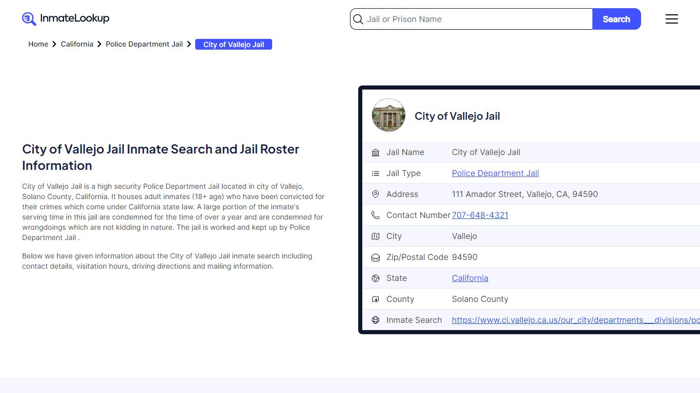 City of Vallejo Jail Inmate Search - Vallejo California - Inmate Lookup